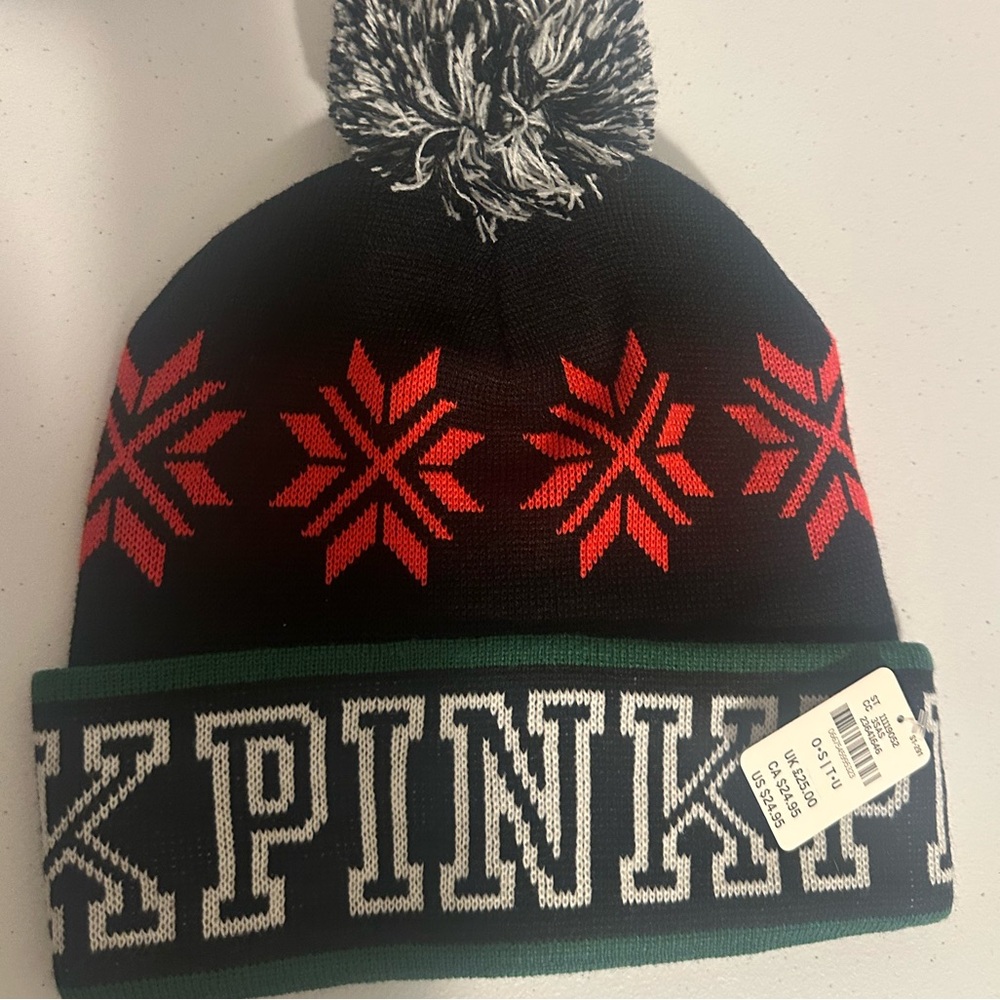 PINK Victoria's Secret Black and Red Beanie with Pom Pom